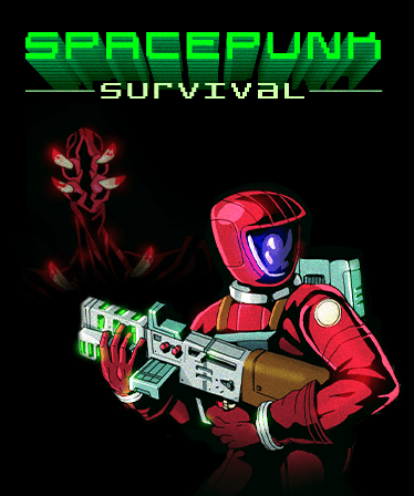 Main cover art for the game. The logo "Spacepunk Survival" is written in green at the top, while the art depicts a Astronaut in a red suit holding a gun, surrounded by aliens, back-to-back with another astronaut in an yellow suit. The Alies vary in shape, all vaguely humanoid, with flesh red skin and various gaping mouths with projecting tusks and teeth.