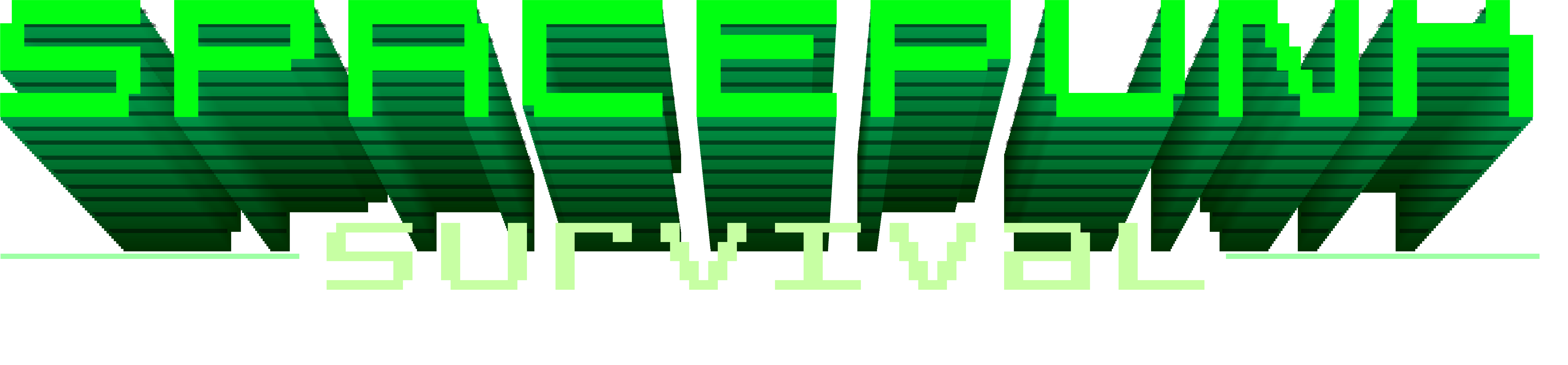 Logo for the game Spacepunk Survival. Written in geometric, pixel art font in various green tones. the Word Spacepunk is like being projected by a hologram. The pixel art and layout are made inspired by old computer UI.