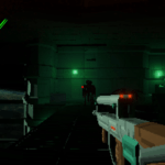 Screenshot from the game spacepunk survival. first person view of the player. Looking at an obscured figure at the end of a steel bridge. Behind the figure to the left, a big spacecraft window reveals the outer reaches of a planet.