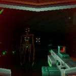 Screenshot from the game spacepunk survival. first person view of the player pointing a futuristic assault rifle at a thin and slender alien with a gaping mouth in it's face and torso.