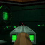 Screenshot from the game spacepunk survival. first person view of the player pointing a futuristic shotgun at a eyeless alien face.